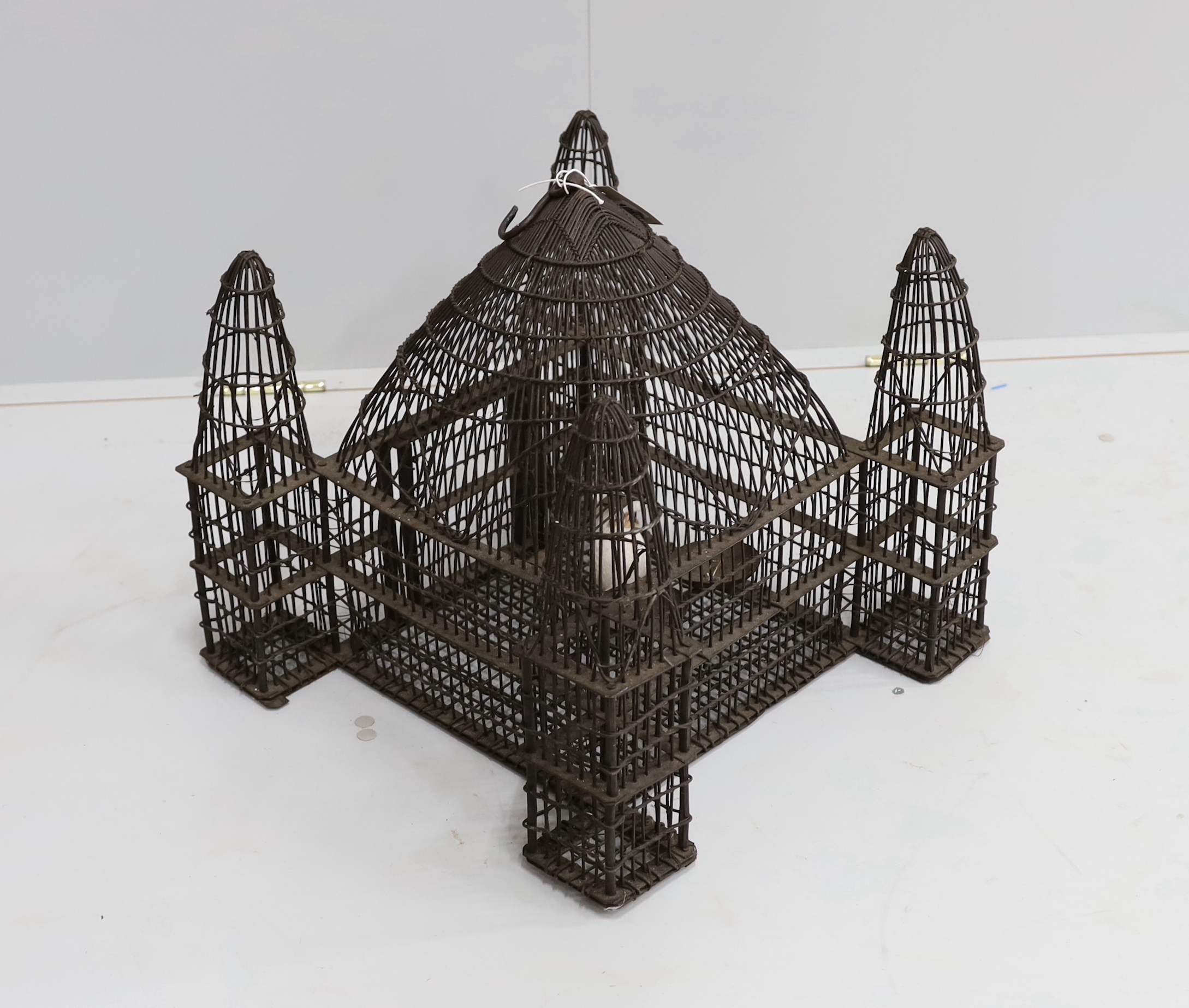 A vintage wirework bird cage, width 47cm, height 42cm